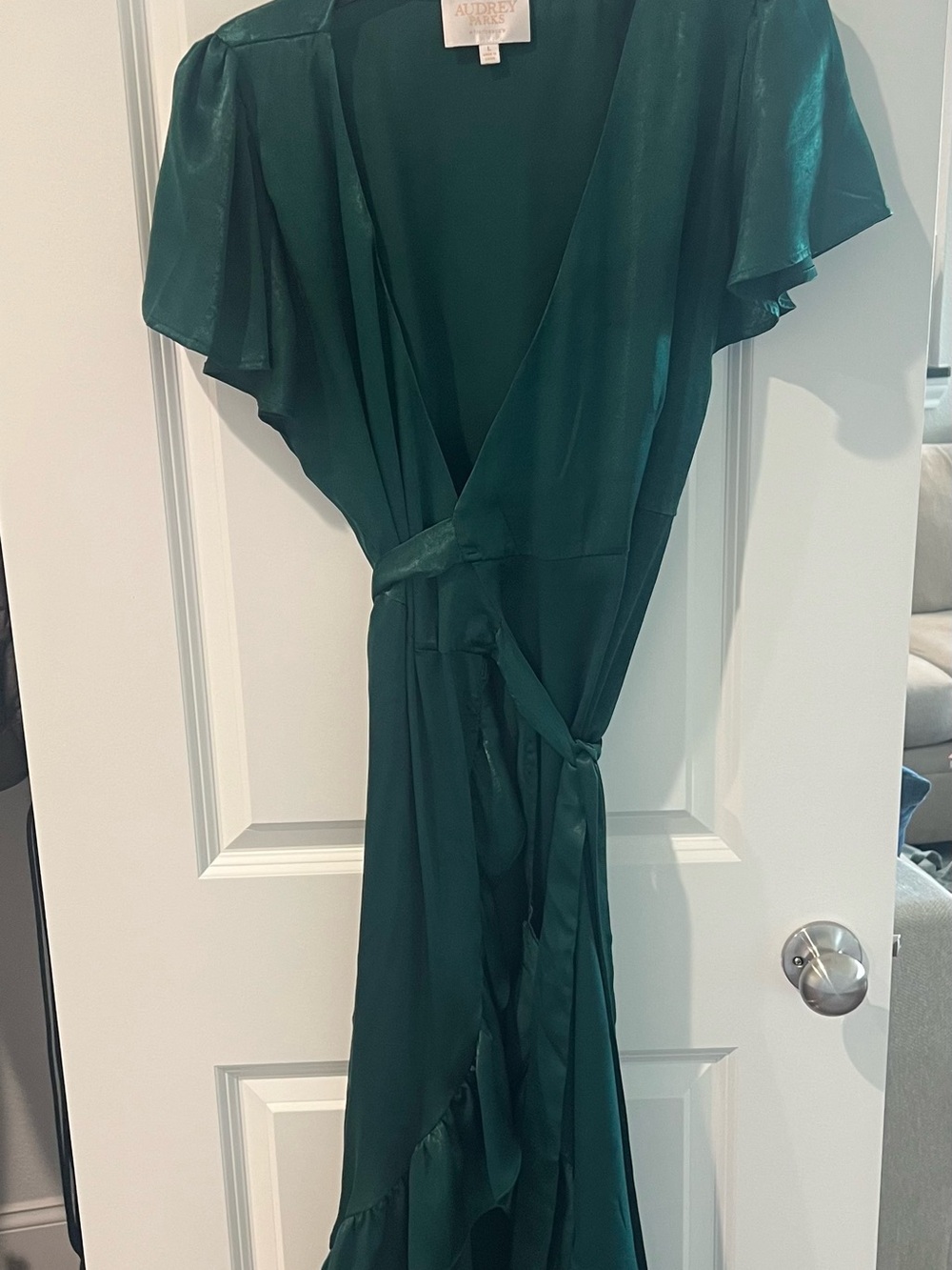 audrey Emerald Satin Wrap Midi Dress with Ruffle Hem